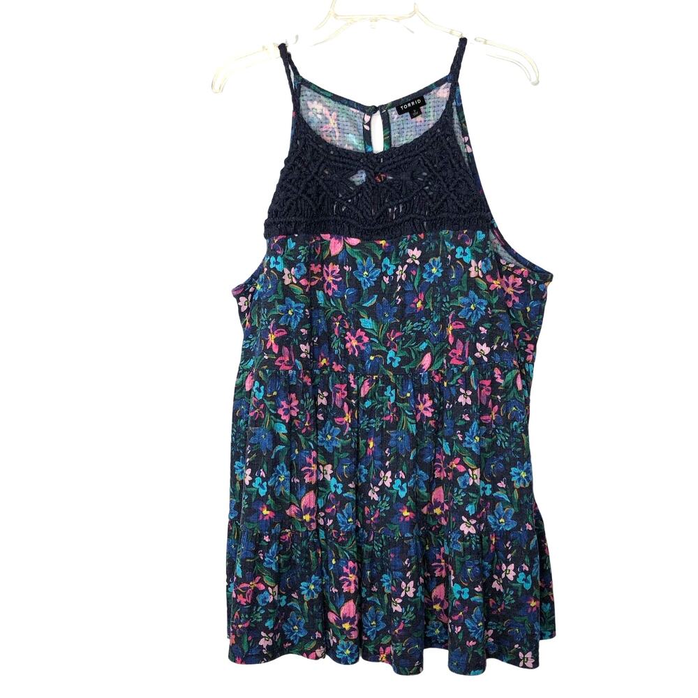 Torrid Wms 3X Blue Floral Tiered Top Crochet Trim Dark Cottagecore Summer